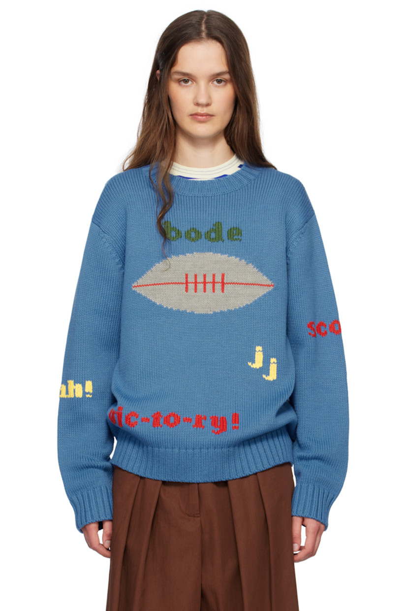 Knit cotton- and merino wool-blend sweater. Jacquard text throughout.

· Rib-knit crewneck, hem, and cuffs
· Jacquard logo at front
· Intarsia graphic at front
· Jacquard graphic at back

This item is part of a limited run of 163.

Supplier color: Blue