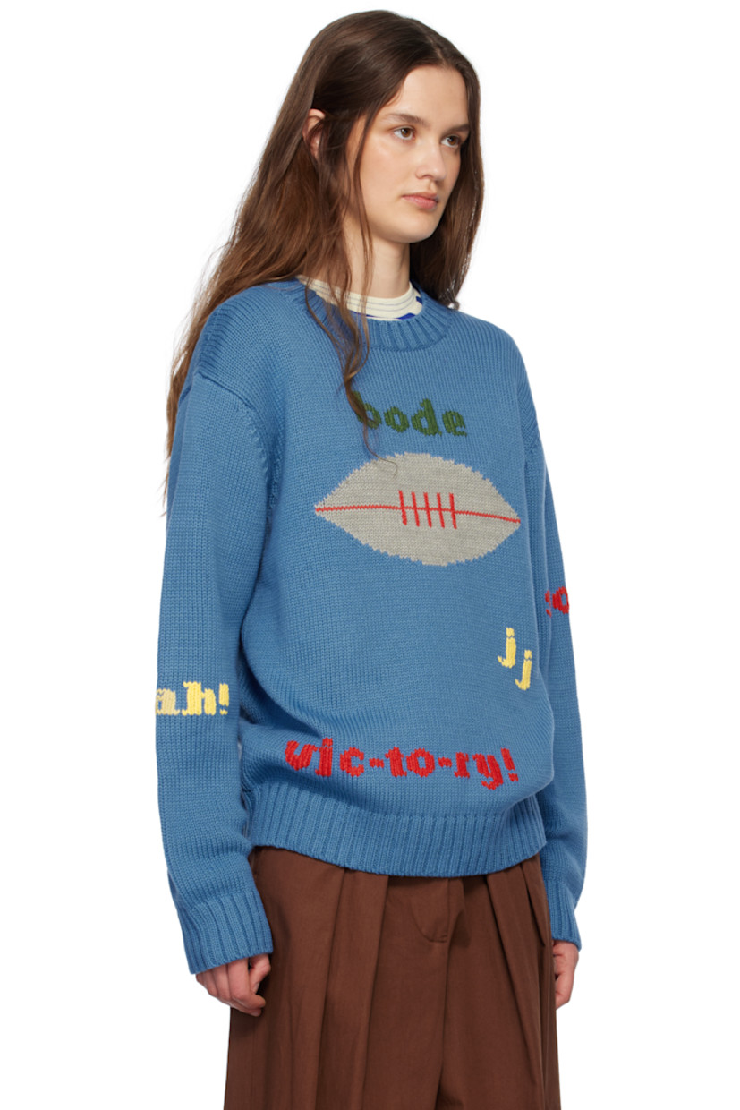 Knit cotton- and merino wool-blend sweater. Jacquard text throughout.

· Rib-knit crewneck, hem, and cuffs
· Jacquard logo at front
· Intarsia graphic at front
· Jacquard graphic at back

This item is part of a limited run of 163.

Supplier color: Blue