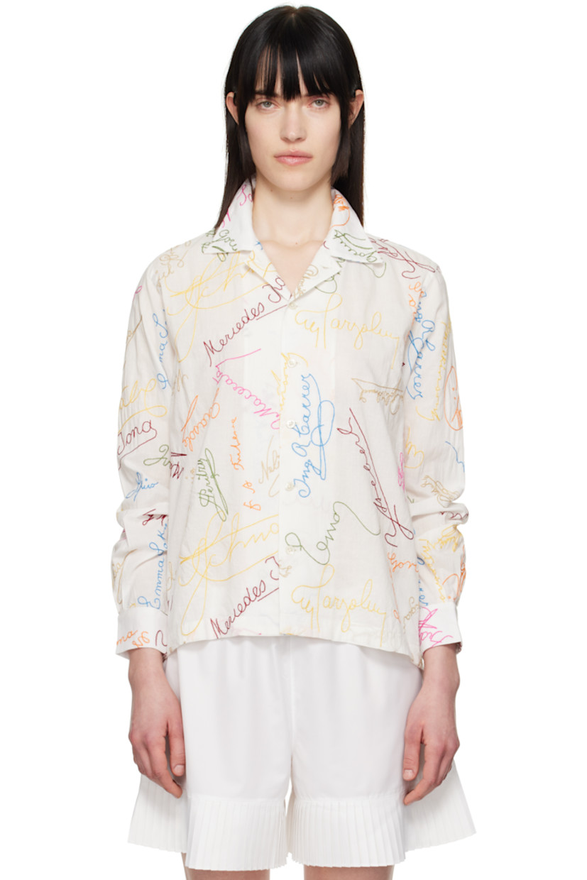 Plain-woven cotton shirt. Text embroidered throughout. 

· Open spread collar
· Button closure
· Pleated single-button barrel cuffs
· Pleats at back yoke 

This item is part of a limited run of 110. 

Supplier color: White