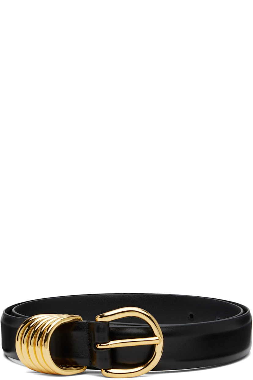 Handcrafted buffed calfskin belt. 

· D-ring keeper loops
· Pin-buckle fastening 
· Gold-tone hardware
· W1"

Supplier color: Black