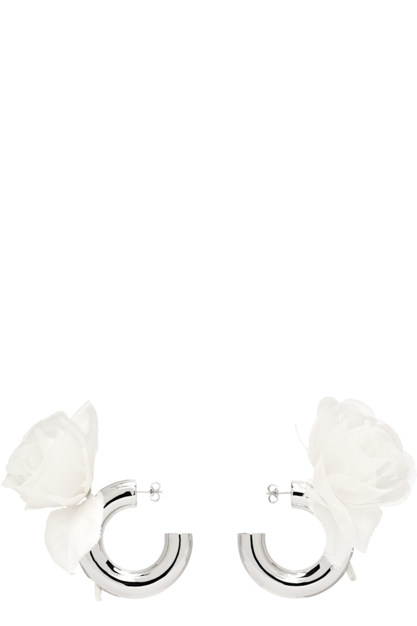 Pair of open hoop earrings in silver-tone brass.

· Floral accent at face
· Post-stud fastening
· D2"

Part of the exclusive SSENSE Bridal capsule.

Supplier color: Silver/Yellow