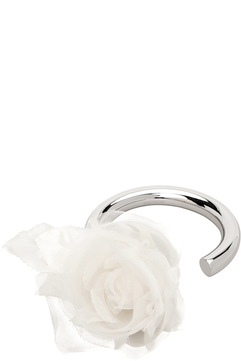 Open cuff bracelet in silver-tone brass.

· Floral accent at end
· D2.75"

Part of the exclusive SSENSE Bridal capsule.

Supplier color: Silver/Yellow