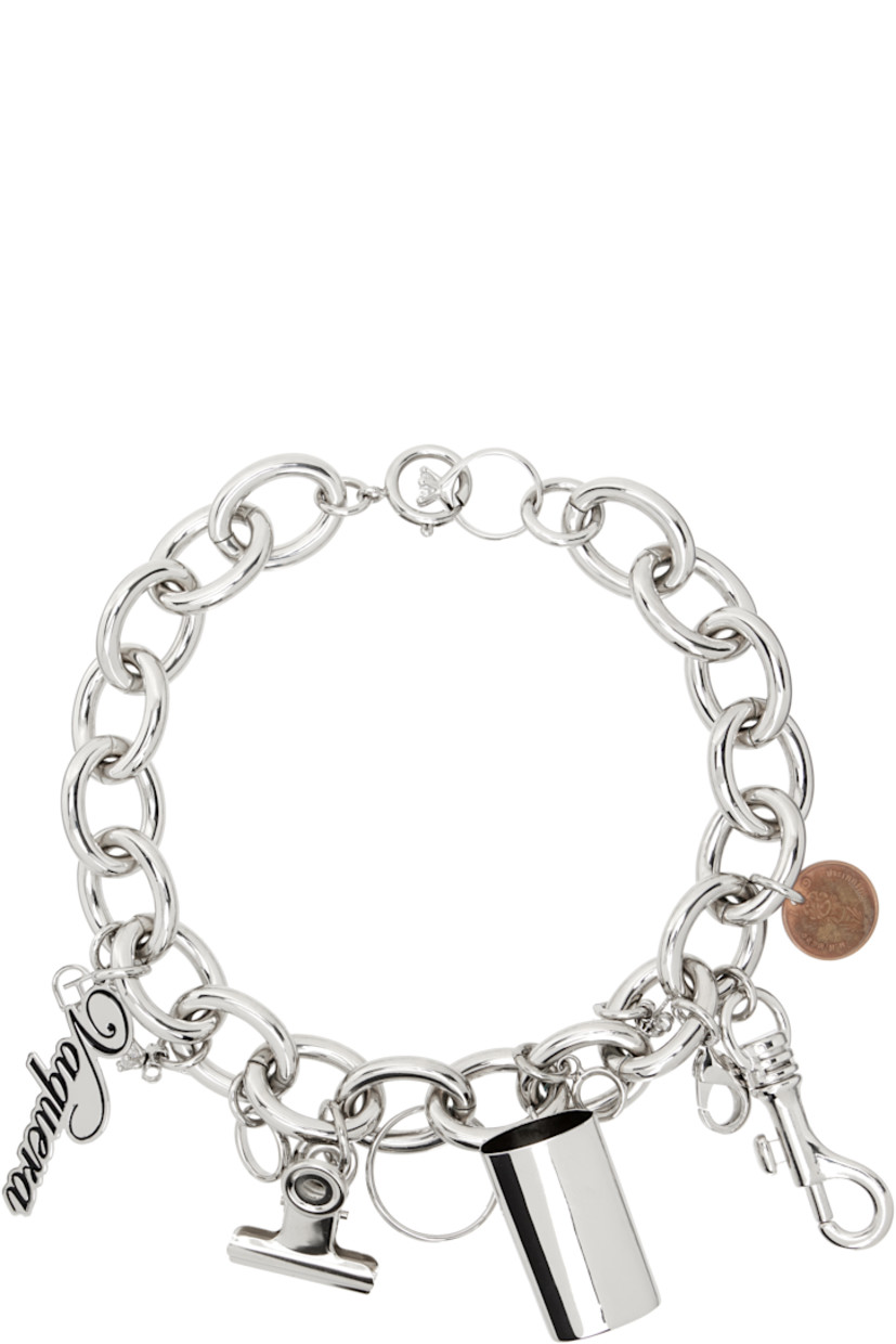 Cable chain necklace in stainless steel, sterling silver, and silver-tone brass. 

· Logo and graphic charms at length
· Prong-set cubic zirconia charms 
· Spring-ring fastening 
· L15"

Part of the D'heygere x Vaquera collaboration. 

Supplier color: Silver/White