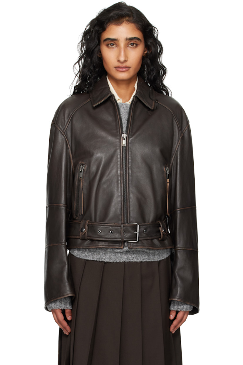 Grained nappa lambskin jacket.

· Fading throughout
· Paneled construction 
· Spread collar
· Zip closure
· Zip pockets
· Integrated pin-buckle belt at hem
· Dropped shoulders
· Zip expansion panel at cuffs
· Full twill lining

Supplier color: Dark brown