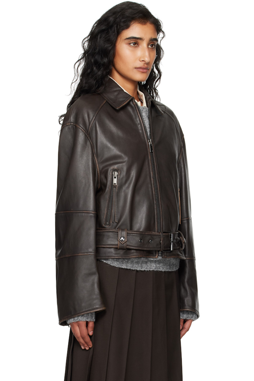Grained nappa lambskin jacket.

· Fading throughout
· Paneled construction 
· Spread collar
· Zip closure
· Zip pockets
· Integrated pin-buckle belt at hem
· Dropped shoulders
· Zip expansion panel at cuffs
· Full twill lining

Supplier color: Dark brown