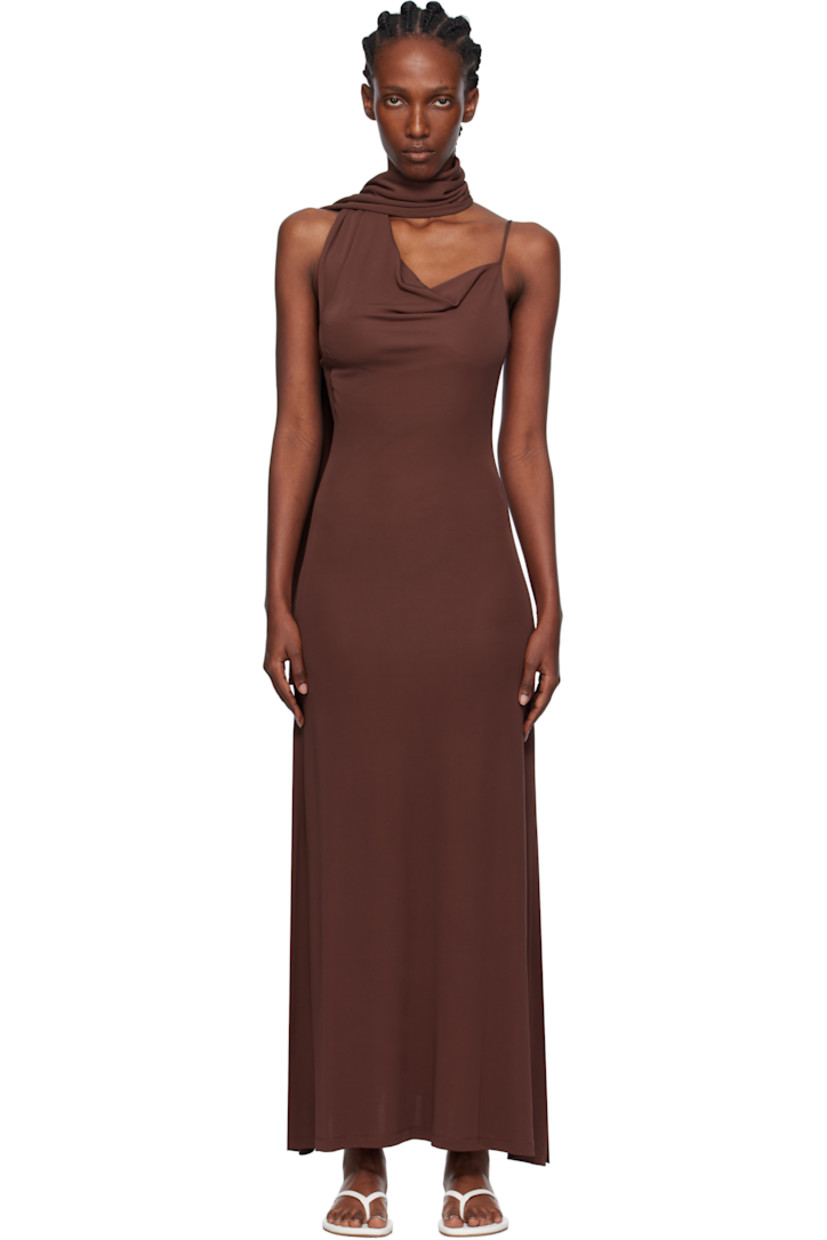 Stretch viscose crêpe jersey maxi dress.

· Wraparound scarf-style panel at neck
· Asymmetrical cowl neck
· Adjustable spaghetti strap
· Low back
· Unlined

Supplier color: Burgundy
