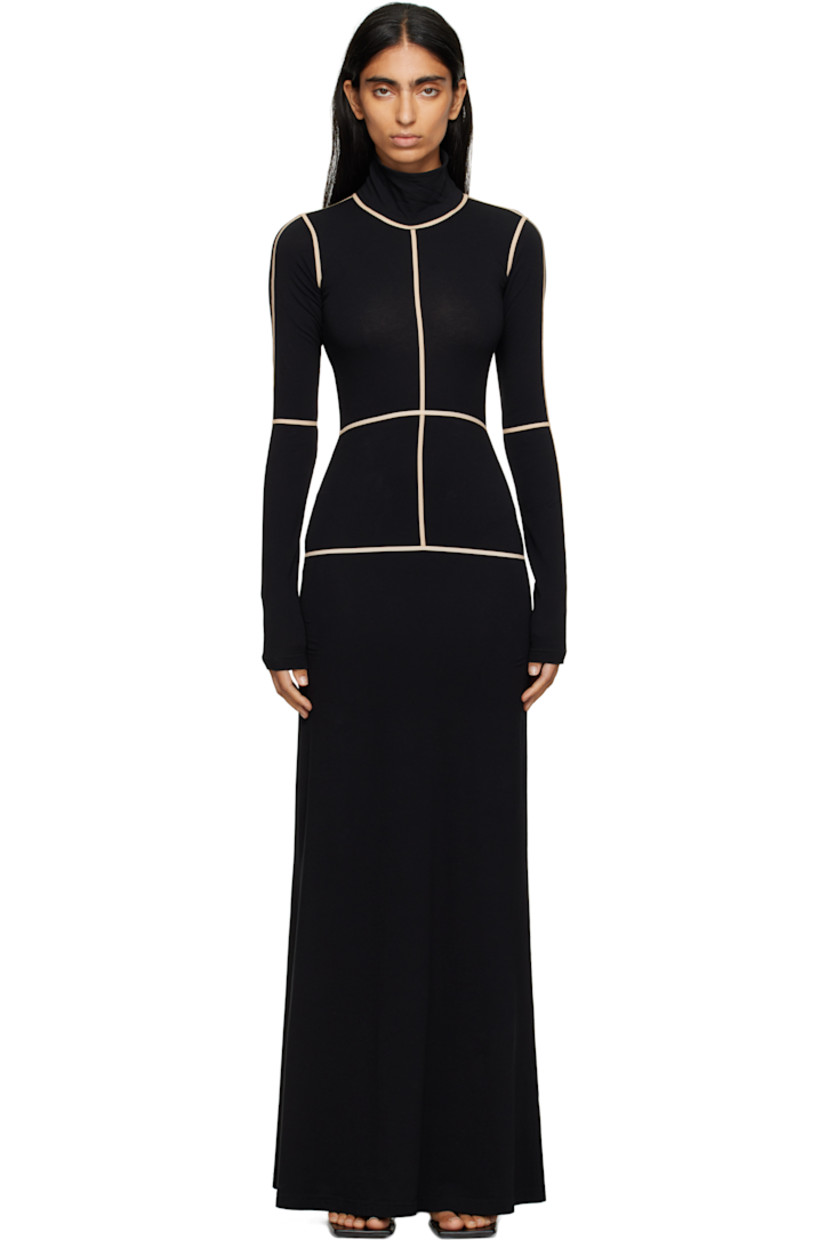 Stretch cotton jersey maxi dress.

· Taped seams throughout
· Turtleneck
· White stitching at back collar

Supplier color: Black