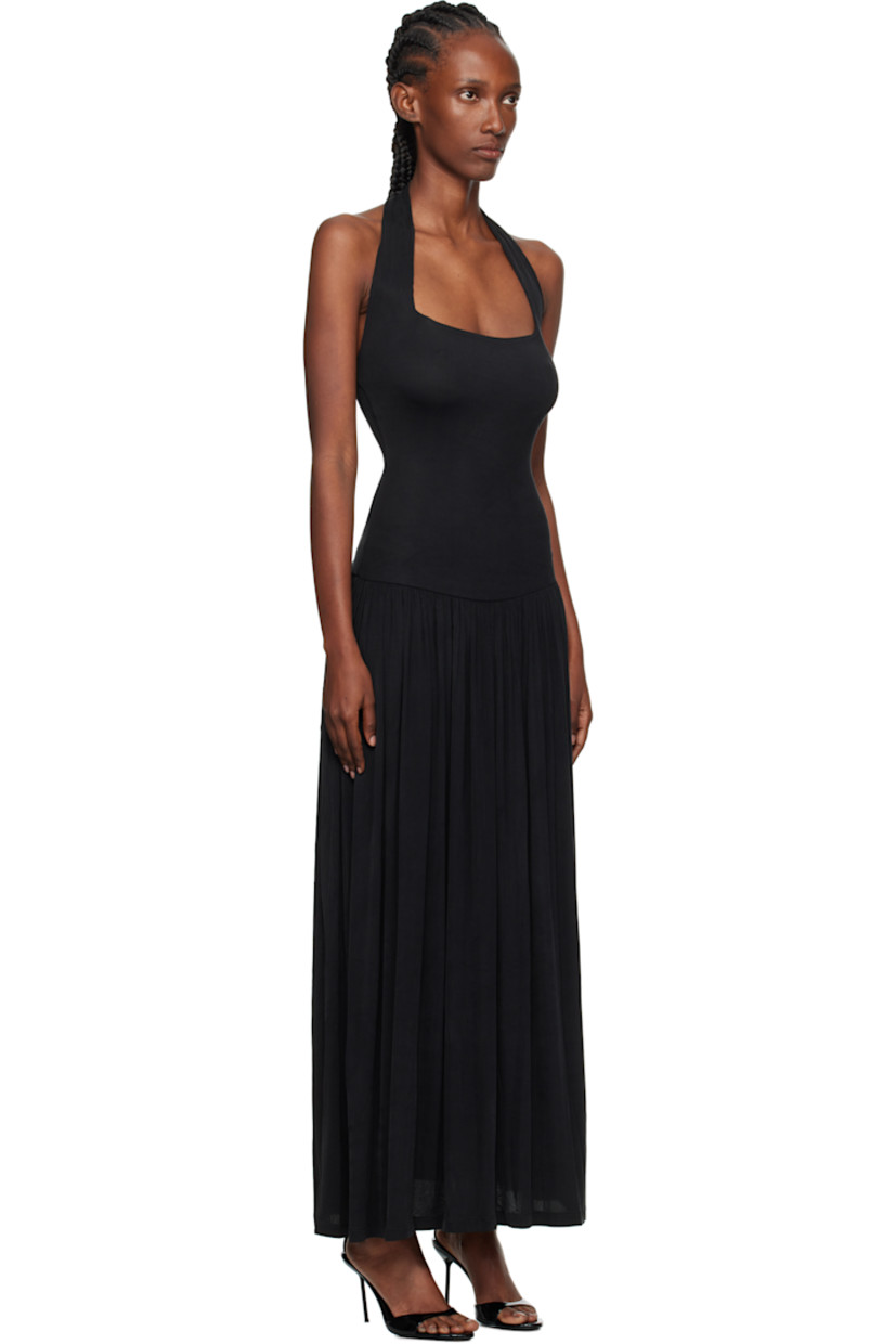 Stretch cupro rubbed jersey maxi dress. 

· Square neck
· Gathering at dropped waist
· Fixed halter strap 
· Concealed zip closure at side
· Low back
· Unlined

Supplier color: Midnight