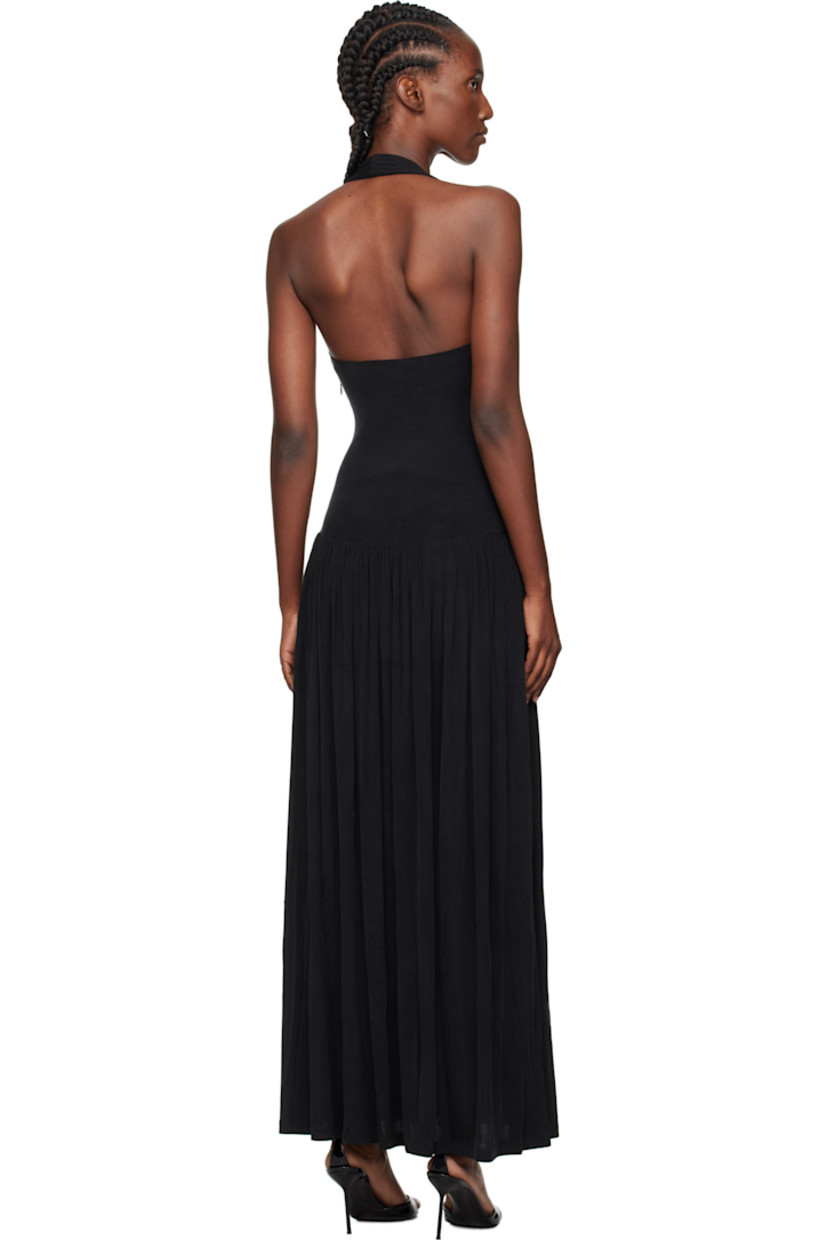 Stretch cupro rubbed jersey maxi dress. 

· Square neck
· Gathering at dropped waist
· Fixed halter strap 
· Concealed zip closure at side
· Low back
· Unlined

Supplier color: Midnight