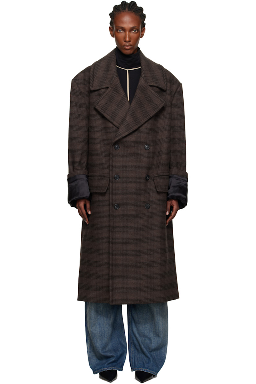Wool-blend melton coat.

· Check pattern throughout
· Notched lapel
· Double-breasted button closure
· Flap pockets at front
· Rolled cuffs
· Button tab at back
· Central vent at back hem
· Welt pocket at interior
· Full satin lining

Supplier color: Brown/Black