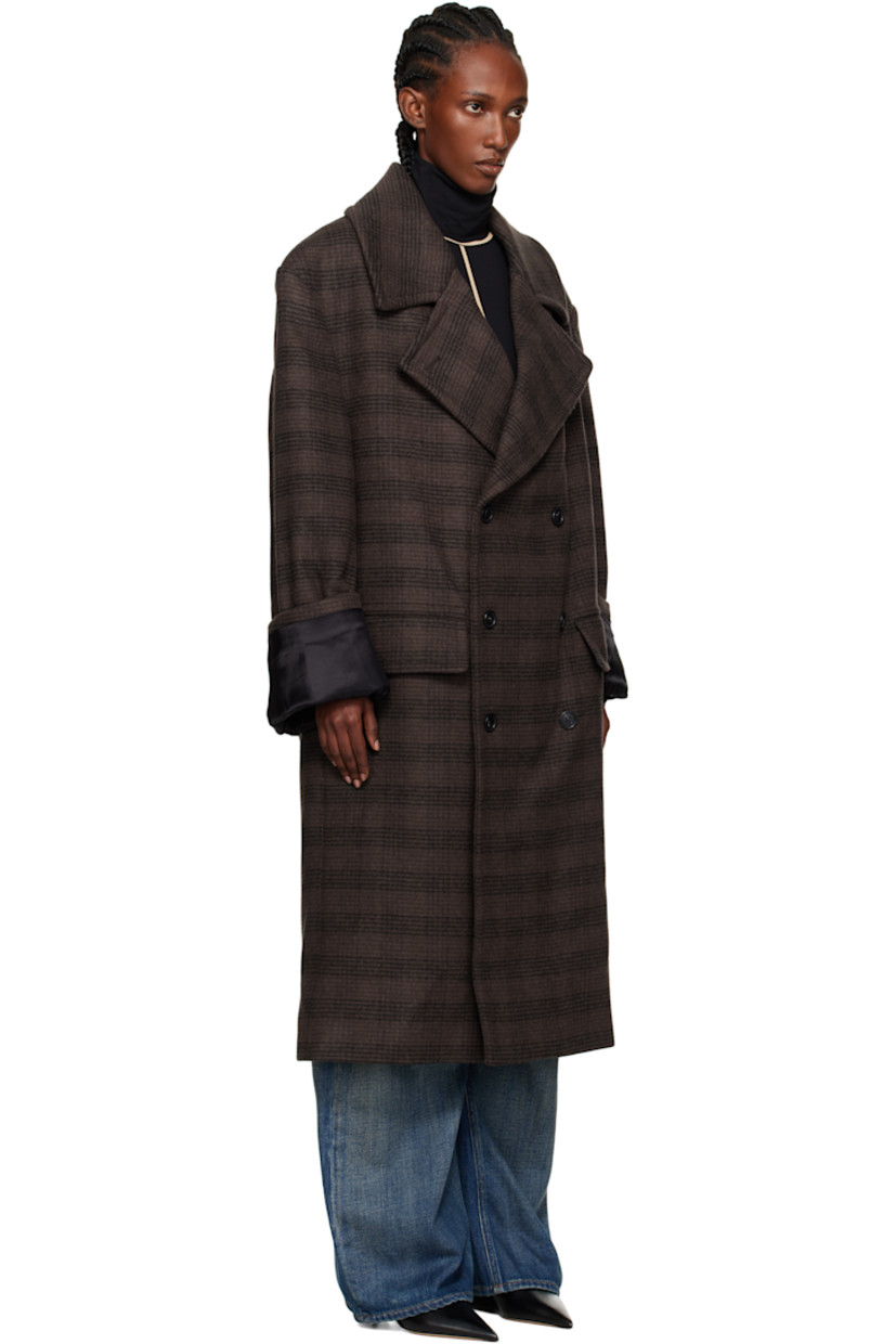 Wool-blend melton coat.

· Check pattern throughout
· Notched lapel
· Double-breasted button closure
· Flap pockets at front
· Rolled cuffs
· Button tab at back
· Central vent at back hem
· Welt pocket at interior
· Full satin lining

Supplier color: Brown/Black