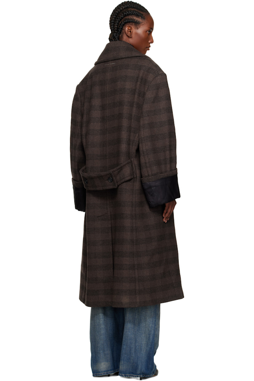 Wool-blend melton coat.

· Check pattern throughout
· Notched lapel
· Double-breasted button closure
· Flap pockets at front
· Rolled cuffs
· Button tab at back
· Central vent at back hem
· Welt pocket at interior
· Full satin lining

Supplier color: Brown/Black