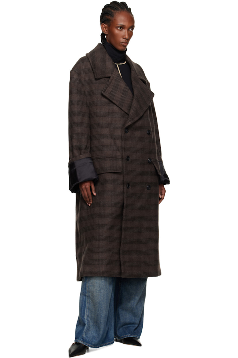 Wool-blend melton coat.

· Check pattern throughout
· Notched lapel
· Double-breasted button closure
· Flap pockets at front
· Rolled cuffs
· Button tab at back
· Central vent at back hem
· Welt pocket at interior
· Full satin lining

Supplier color: Brown/Black