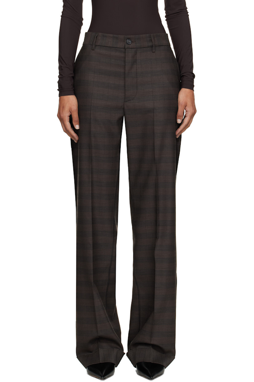 Stretch virgin wool-blend flannel trousers.

· Check pattern throughout
· Belt loops
· Four-pocket styling
· Zip fly
· Creased legs
· Rolled cuffs
· Exposed outseams
· White stitching at back

Supplier color: Brown/Black
