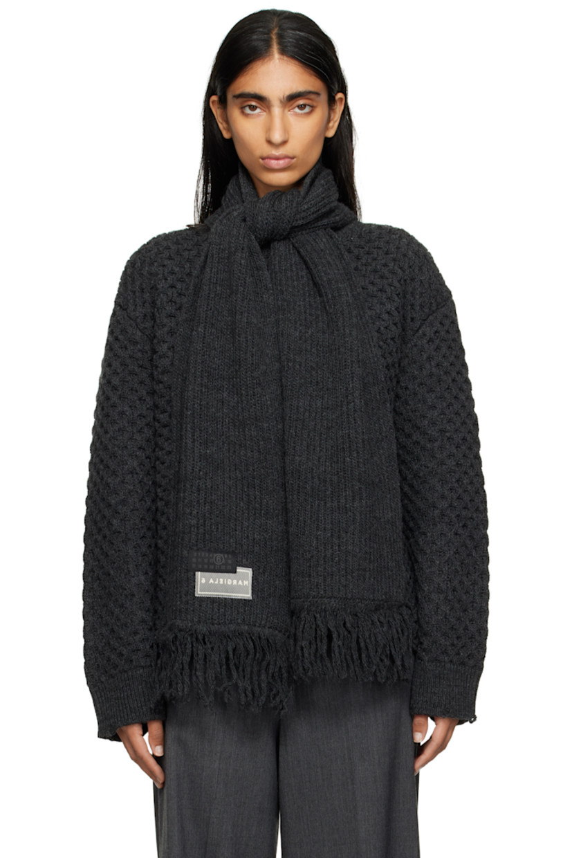 Waffle-knit virgin wool-blend sweater.

�· Distressing at rib-knit crewneck and cuffs
· Integrated fringed scarf with logo patches
· White stitching at back collar

Supplier color: Dark grey melange
