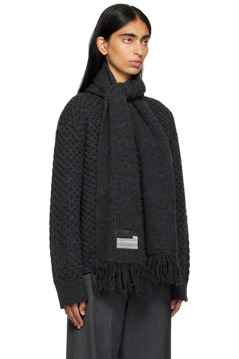Waffle-knit virgin wool-blend sweater.

· Distressing at rib-knit crewneck and cuffs
· Integrated fringed scarf with logo patches
· White stitching at back collar

Supplier color: Dark grey melange