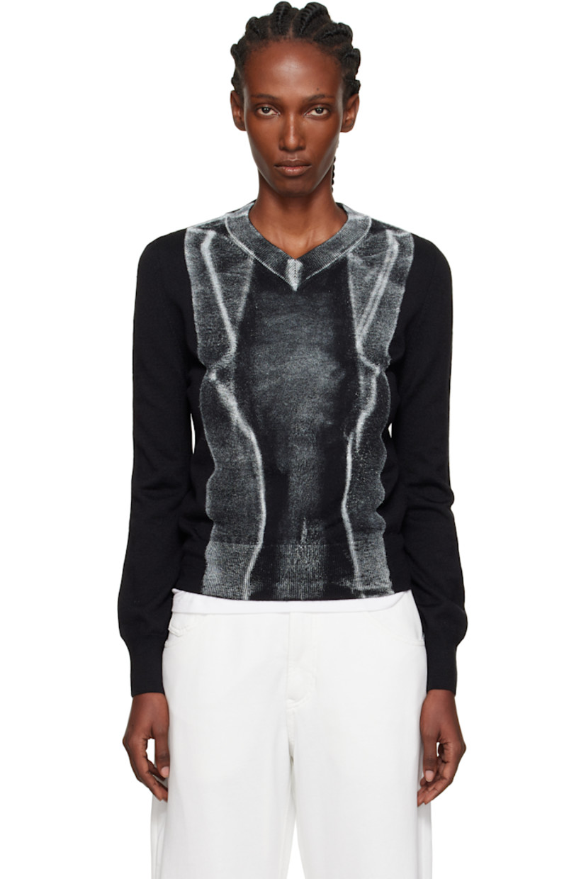 Knit virgin wool-blend sweater.

· Rib-knit V-neck, hem, and cuffs
· Trompe l'oeil graphic printed at front and sleeves
· White stitching at back collar

Supplier color: Black
