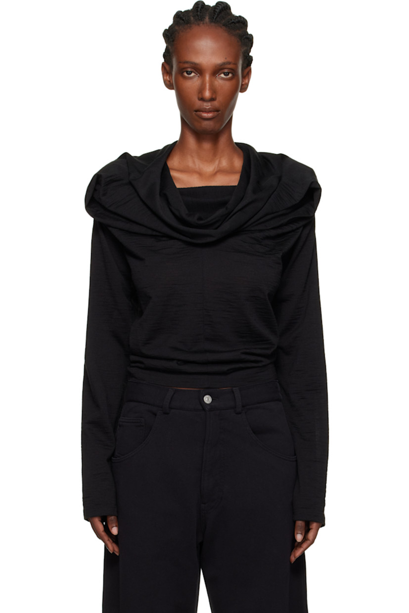 Virgin wool-blend jersey top.

· Draping throughout
· Cowl neck
· Pleats at chest
�· White stitching at back collar

Supplier color: Black