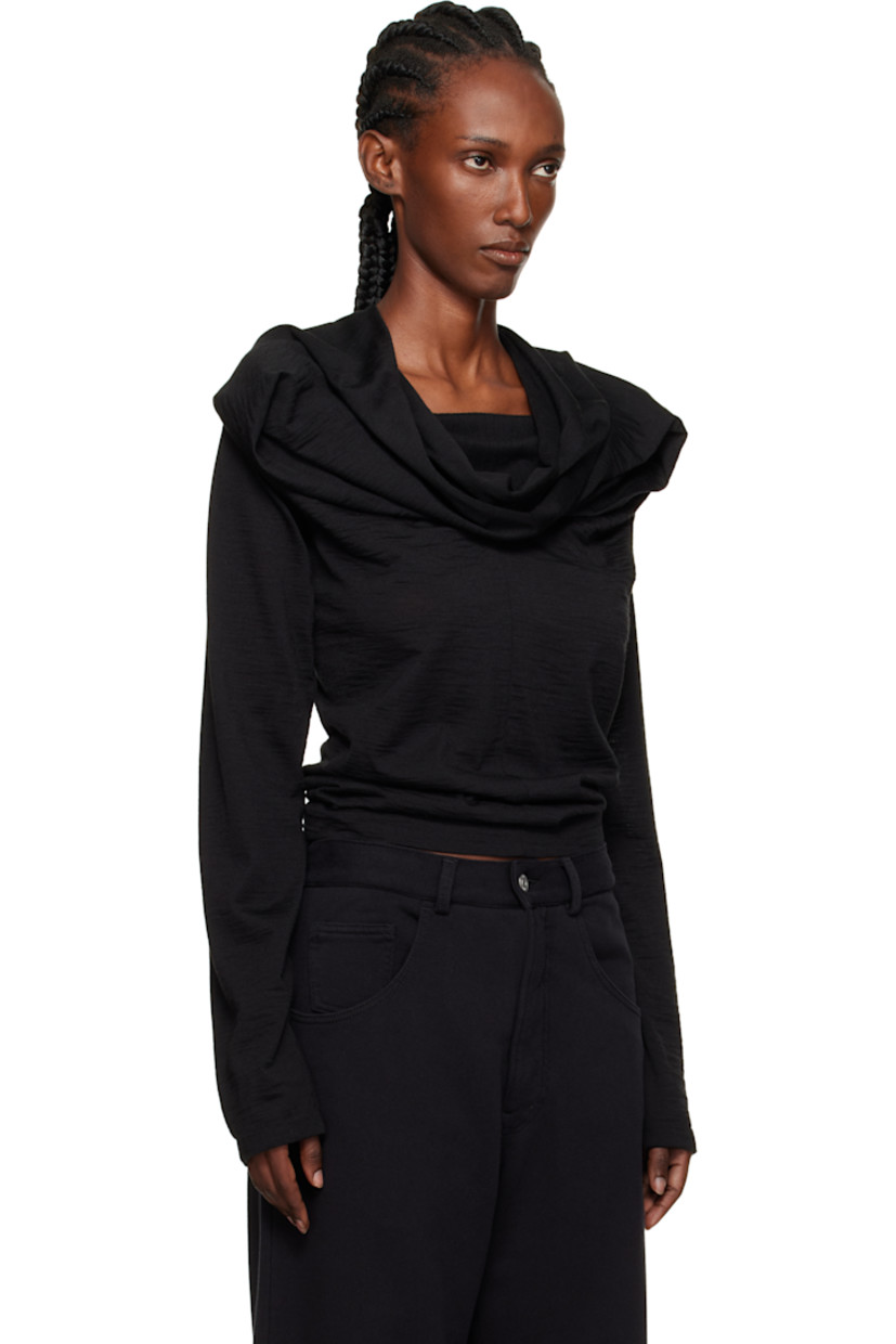 Virgin wool-blend jersey top.

· Draping throughout
· Cowl neck
· Pleats at chest
· White stitching at back collar

Supplier color: Black