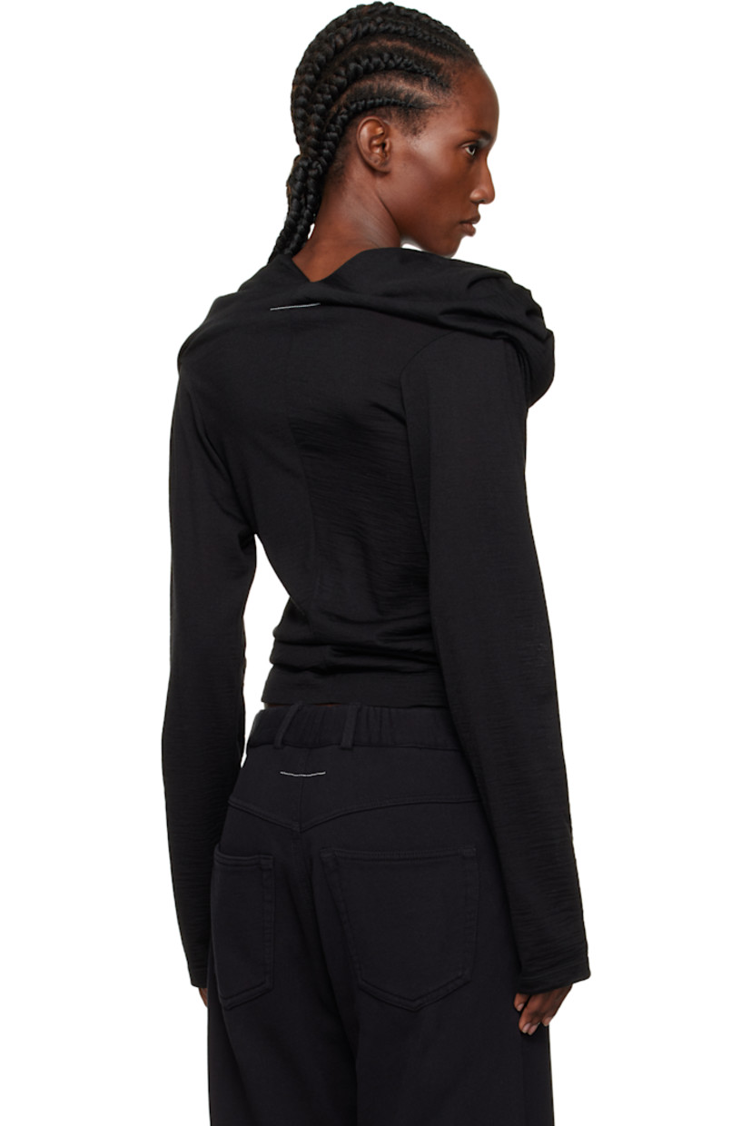 Virgin wool-blend jersey top.

· Draping throughout
· Cowl neck
· Pleats at chest
· White stitching at back collar

Supplier color: Black