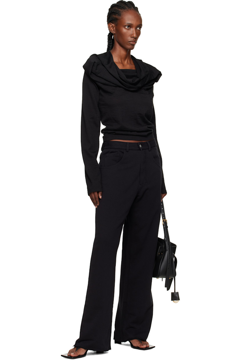 Virgin wool-blend jersey top.

· Draping throughout
· Cowl neck
· Pleats at chest
· White stitching at back collar

Supplier color: Black