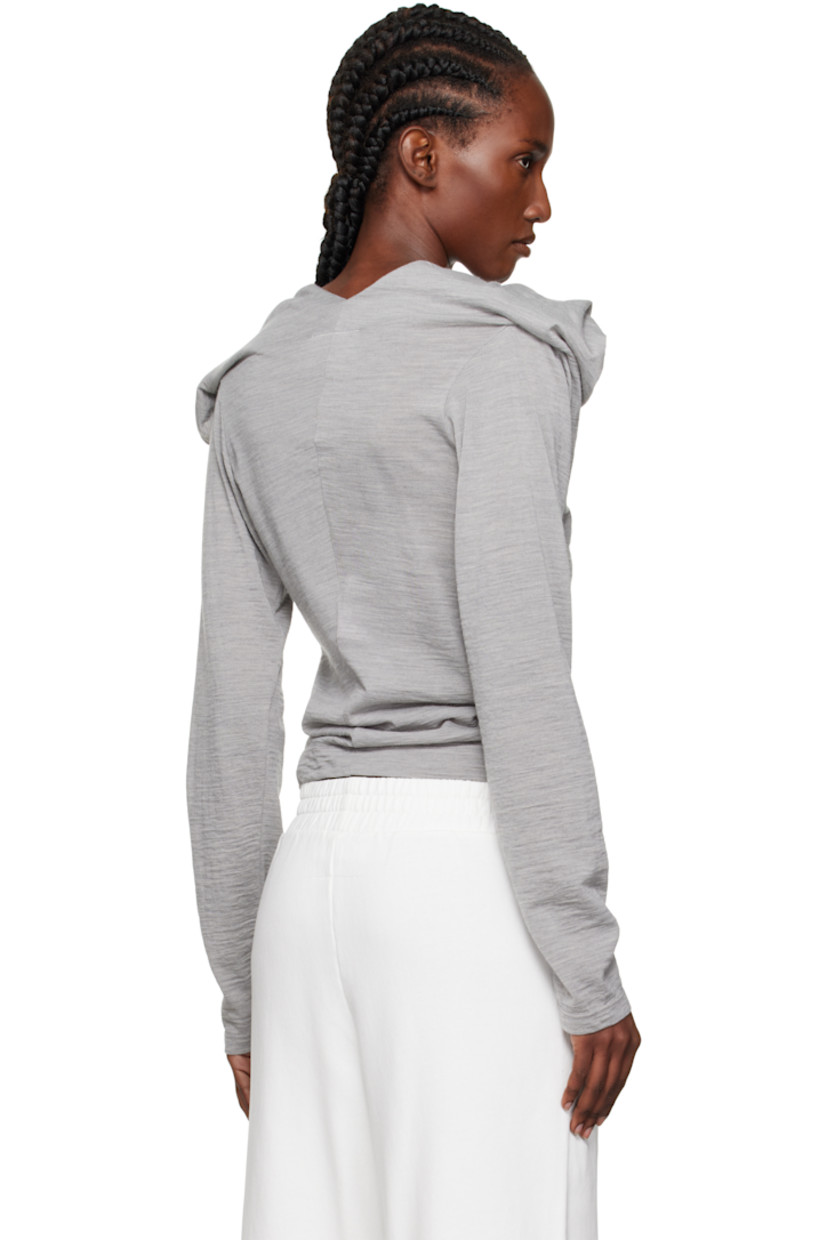 Virgin wool-blend jersey top.

· Draping throughout
· Cowl neck
· Pleats at chest
· White stitching at back collar

Supplier color: Medium grey melange