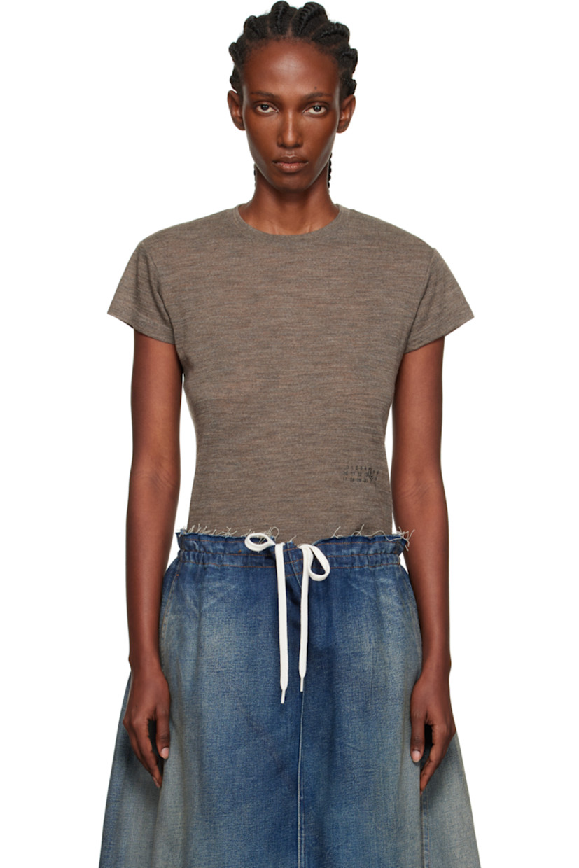 Semi-sheer wool jersey T-shirt.

· Rib-knit crewneck
· Logo printed at front
· White stitching at back collar

Supplier color: Taupe