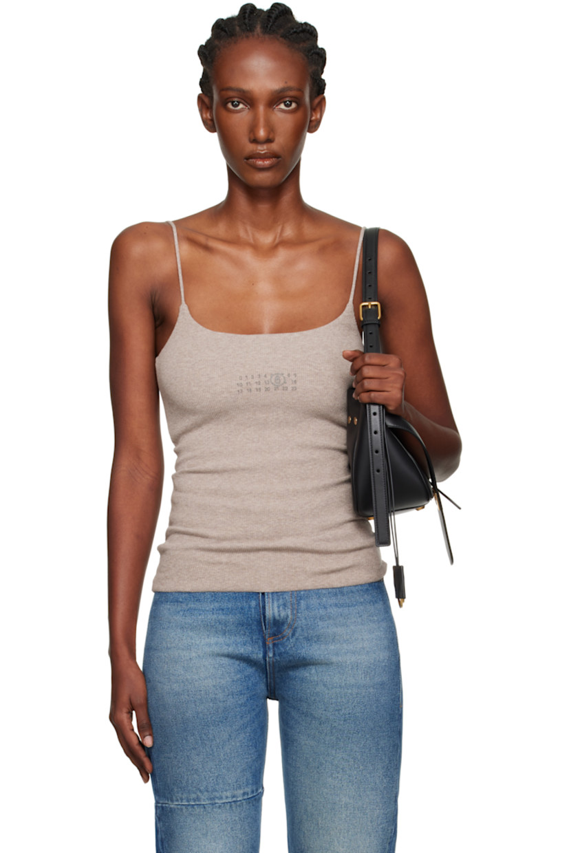 Ribbed stretch cotton- and virgin wool-blend jersey tank top.

· Scoop neck
· Logo printed at chest
· Fixed spaghetti straps
· White stitching at back

Supplier color: Taupe