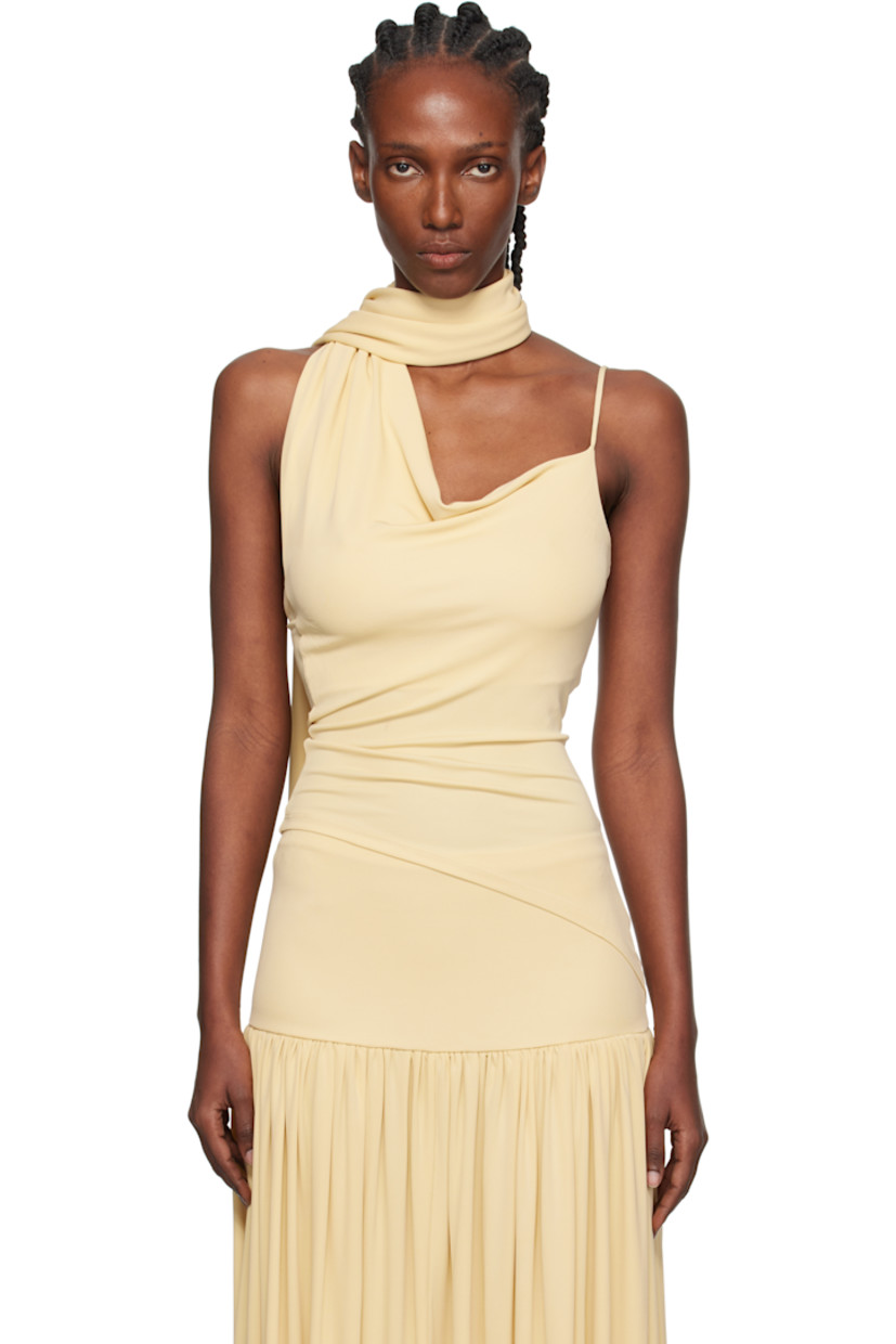 Stretch viscose crêpe jersey camisole.

· Wraparound scarf-style panel at neck
· Asymmetrical cowl neck 
· Asymmetrical hem 
· Adjustable spaghetti strap

Supplier color: Buttercream