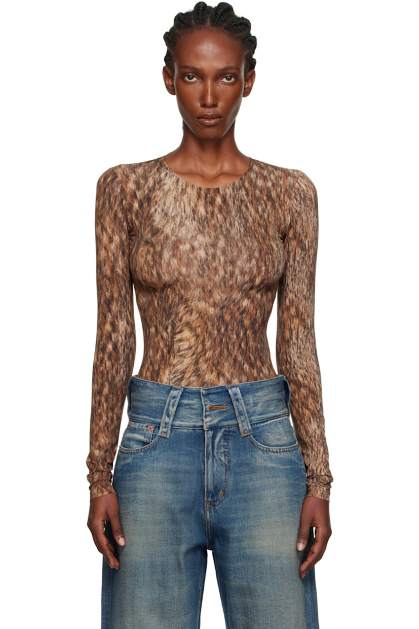Stretch nylon jersey bodysuit.

· Graphic pattern printed throughout
· Crewneck
· Press-stud fastening at bottom
· White stitching at back collar

Supplier color: Brown