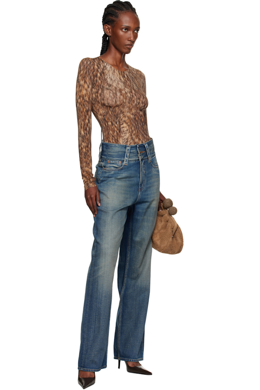 Stretch nylon jersey bodysuit.

· Graphic pattern printed throughout
· Crewneck
· Press-stud fastening at bottom
· White stitching at back collar

Supplier color: Brown