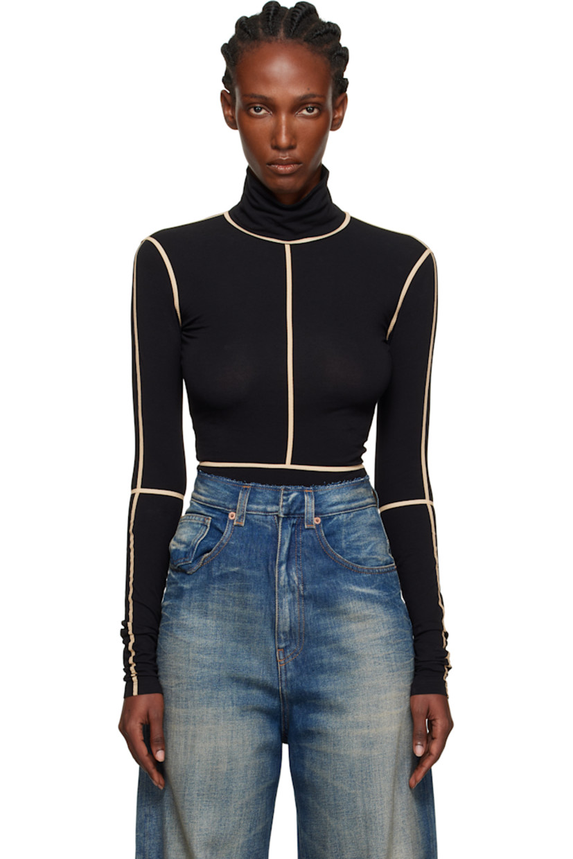 Stretch cotton jersey bodysuit.

· Taped seams throughout
· Turtleneck
· Press-stud fastening at bottom
· White stitching at back collar

Supplier color: Black