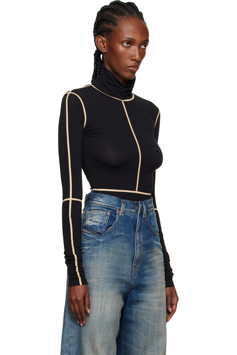 Stretch cotton jersey bodysuit.

· Taped seams throughout
· Turtleneck
· Press-stud fastening at bottom
· White stitching at back collar

Supplier color: Black