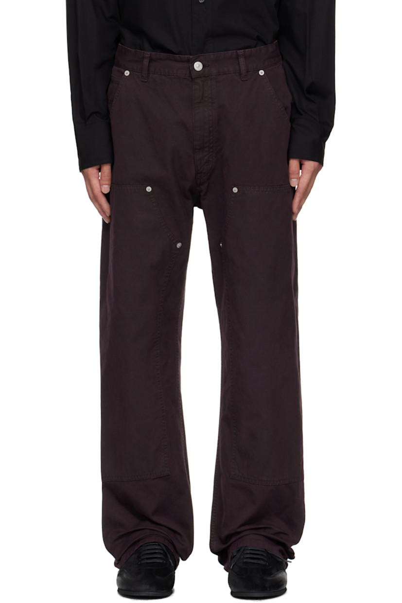 Cotton canvas jeans.

· Belt loops
· Five-pocket styling
· Zip fly 
· Reinforced panel and rivets at legs
· White stitching at back waist
· Logo patch at back pocket 

Supplier color: Dark wine