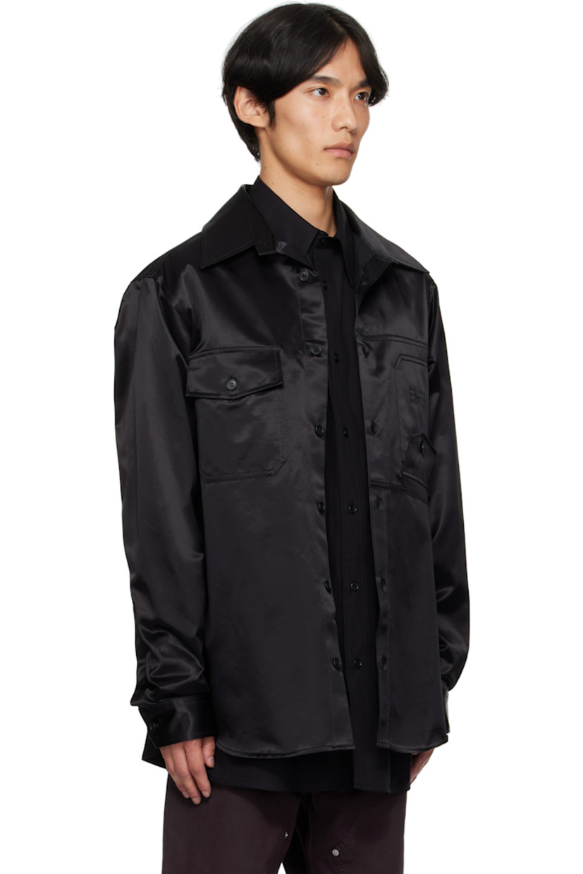 Cotton- and viscose-blend satin shirt. 

· Spread collar
· Button closure 
· Flap pockets at chest
· Logo embroidered at flap pocket
· Shirttail hem 
· Buttoned barrel cuffs
· White stitching at back collar 
· Twin pleats at back yoke 

Supplier color: Black