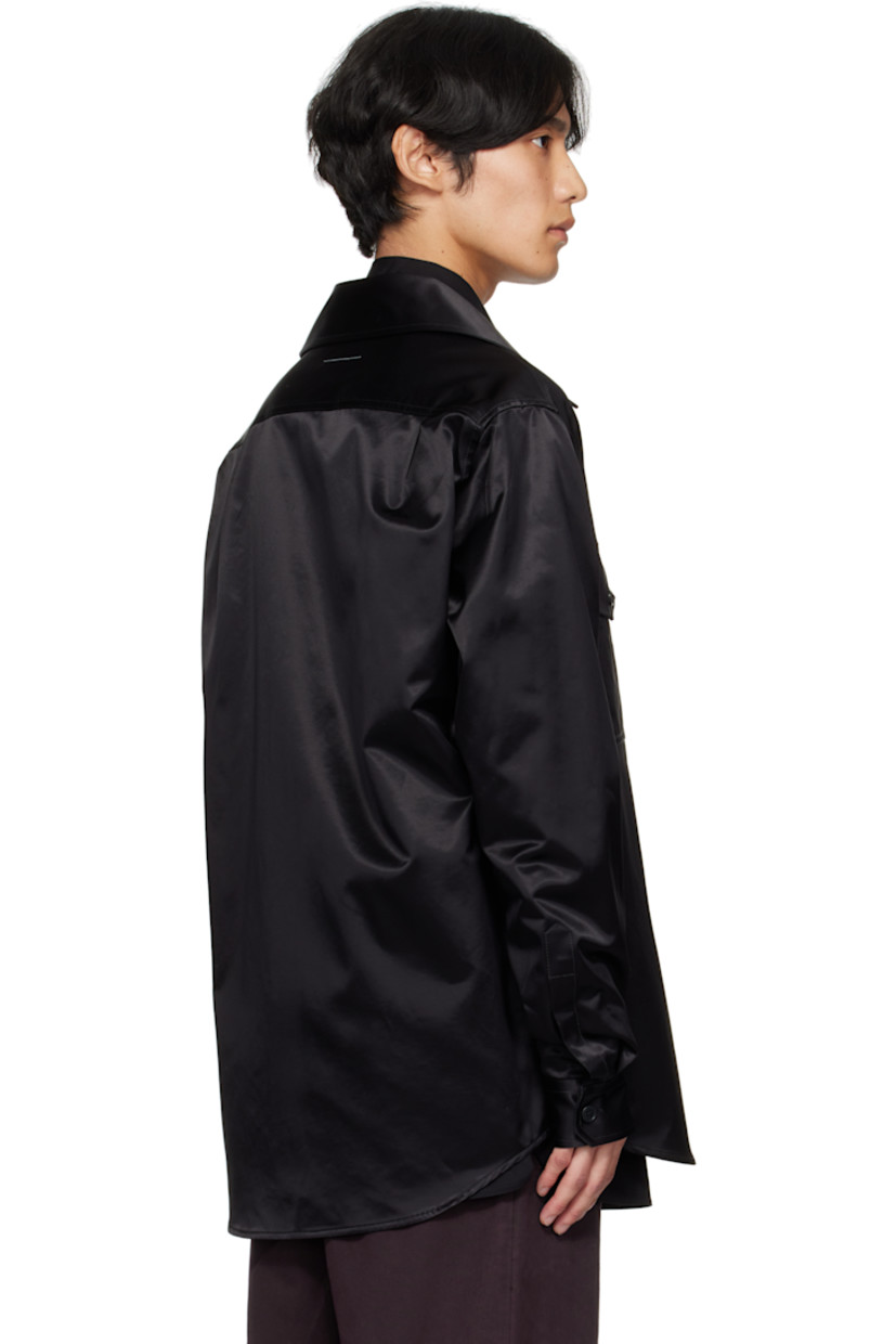 Cotton- and viscose-blend satin shirt. 

· Spread collar
· Button closure 
· Flap pockets at chest
· Logo embroidered at flap pocket
· Shirttail hem 
· Buttoned barrel cuffs
· White stitching at back collar 
· Twin pleats at back yoke 

Supplier color: Black