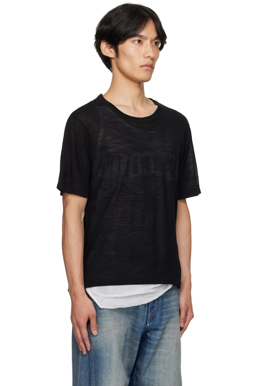 Semi-sheer wool jersey T-shirt. 

· Rib-knit crewneck
· Text and logo printed at front 
· White stitching at back collar 

Supplier color: Black