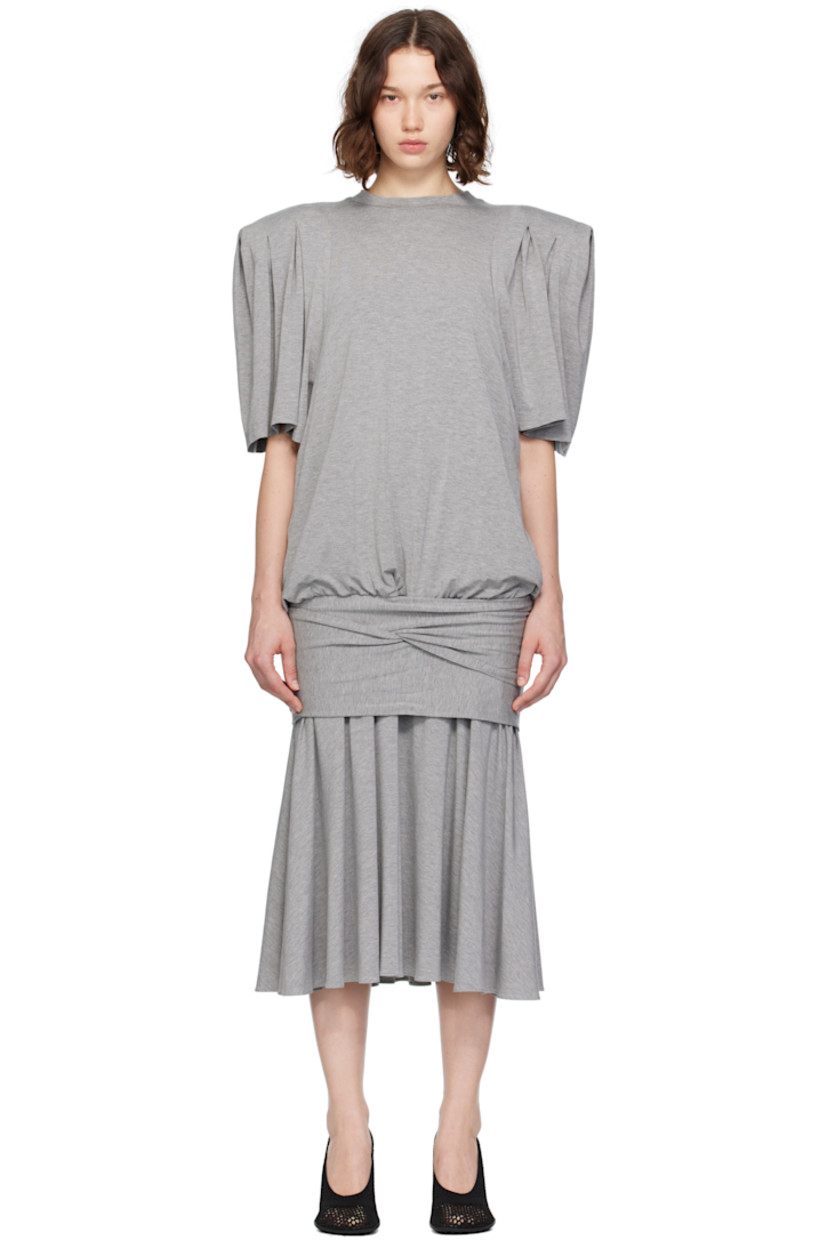 Cotton jersey midi dress. Gathering throughout.

· Layered construction  
· Crewneck
· Twisted detailing at dropped waist 
· Padded shoulders
· Self-tie straps at back

Supplier color: Grey