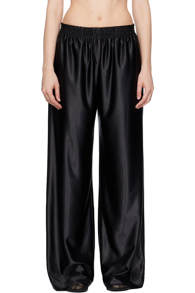 Polyester satin trousers. 

· Elasticized waistband
· Two-pocket styling
· Mock fly 
· Partial plain-woven lining 

Supplier color: Black