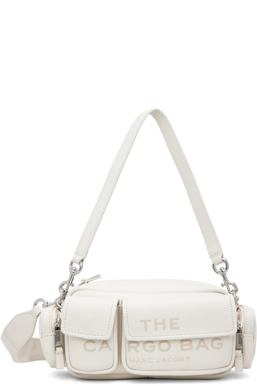 Pebble-grained leather shoulder bag in off-white.

· Detachable shoulder strap
· Adjustable and detachable logo-woven crossbody strap
· Text and logo embossed at face
· Flap pockets
· Zip pocket at sides
· Logo patch at back face
· Zip closure 
· Logo-engraved silver-tone hardware
· H5" x W9" x D3"

Supplier color: Cotton/Silver