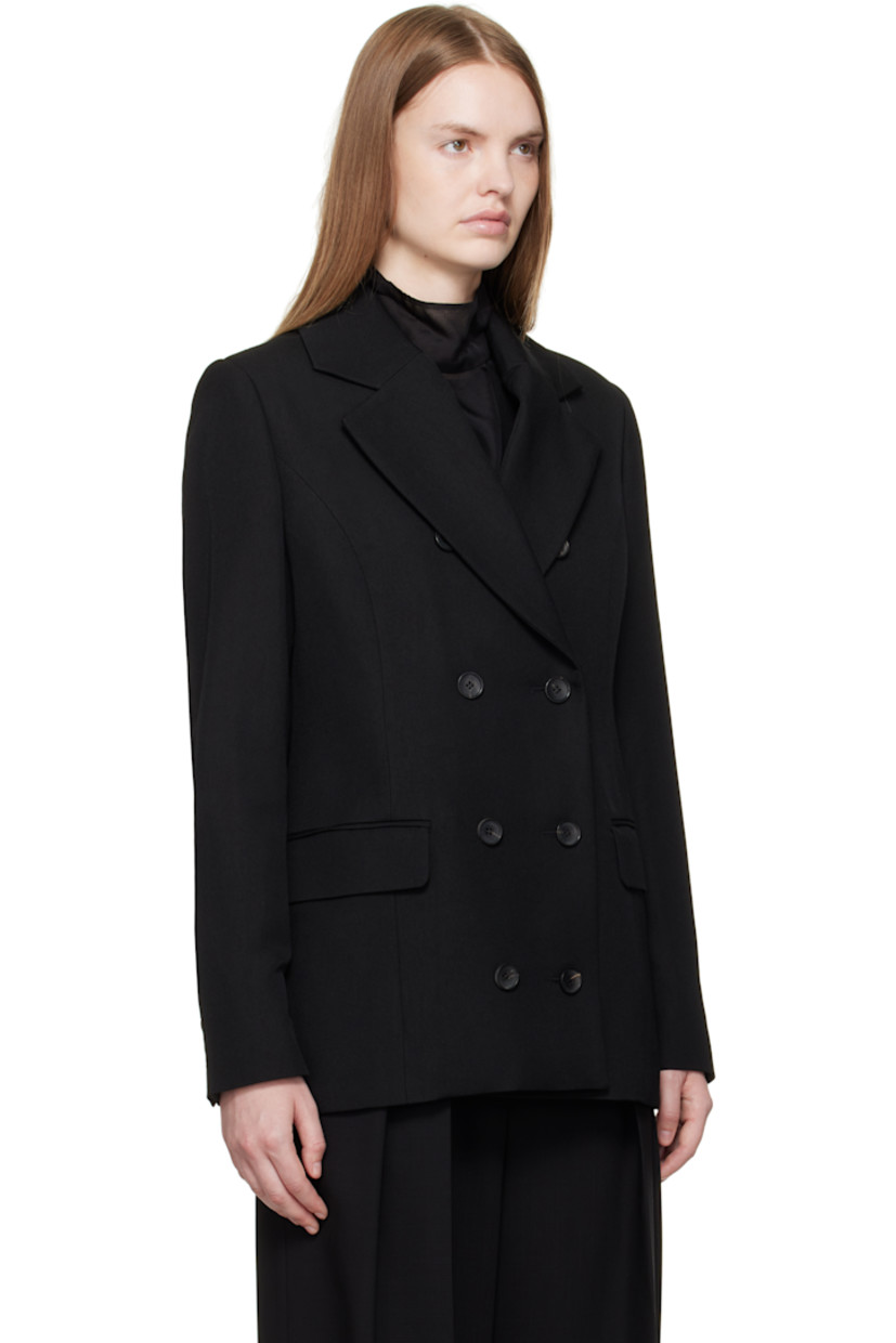 Woven virgin wool- and silk-blend blazer.

· Notched lapel
· Double-breasted button closure
· Flap pockets at waist
· Padded shoulders
· Surgeon's cuffs
· Central vent at back hem
· Full silk satin lining
· Horn hardware

Supplier color: Black