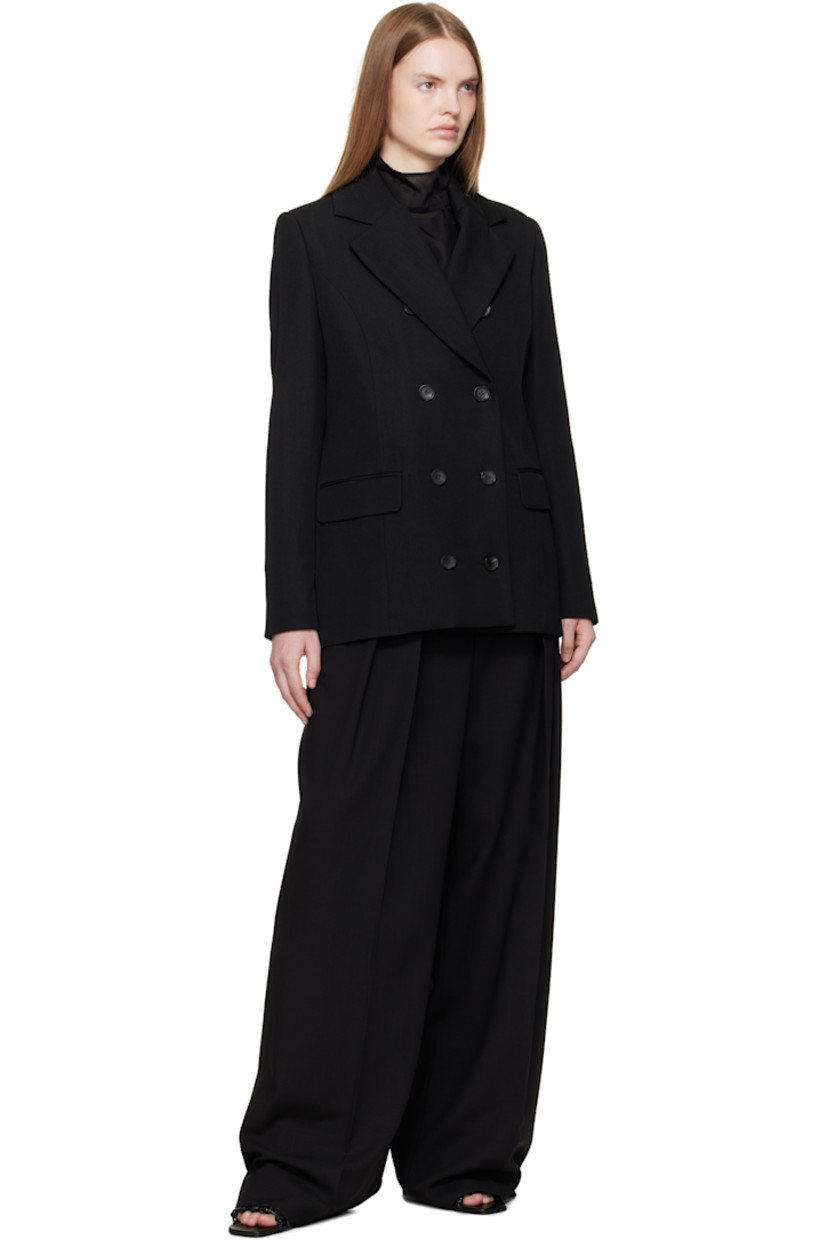 Woven virgin wool- and silk-blend blazer.

· Notched lapel
· Double-breasted button closure
· Flap pockets at waist
· Padded shoulders
· Surgeon's cuffs
· Central vent at back hem
· Full silk satin lining
· Horn hardware

Supplier color: Black