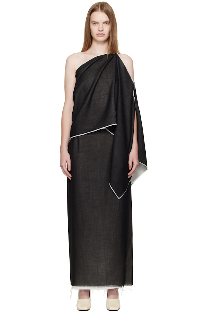 Scarf-style virgin wool crêpe top.

· Raw edges throughout
· Layered and single-shoulder construction
· Button fastening at shoulder

Supplier color: Black/Off white