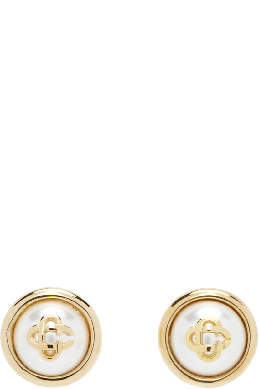 Pair of stud earrings in 18k gold-plated brass.

· Logo and glass faux-pearl at face
· Post-stud fastening
· D0.5"

Supplier color: Gold/Pearl
