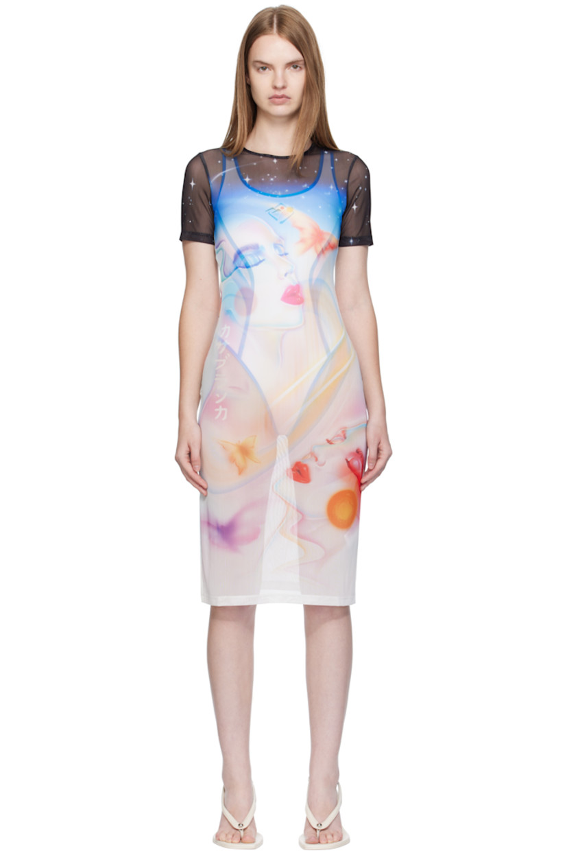 Semi-sheer stretch mesh midi dress.

· Graphic printed throughout
· Crewneck
· Logo printed at back hem

Supplier color: Galactic connection