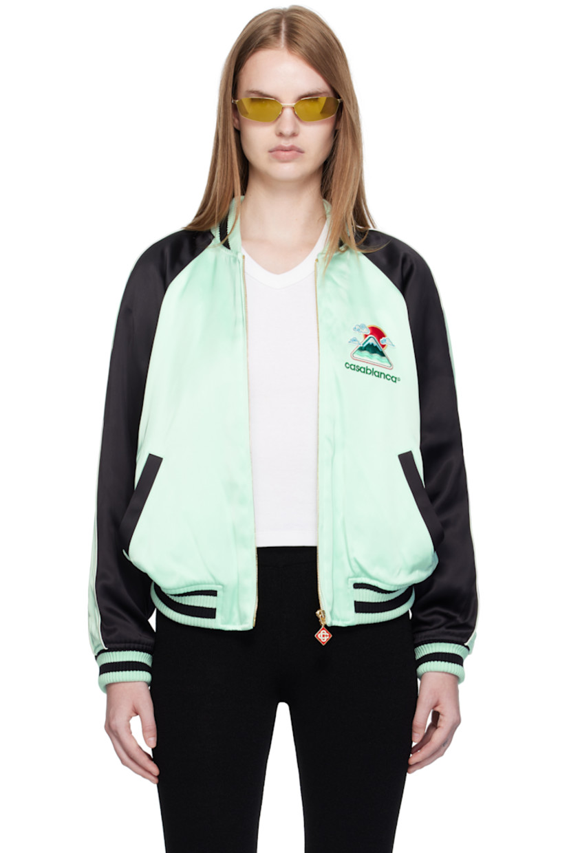Viscose satin bomber jacket.

· Stripes at rib-knit stand collar, hem, and cuffs
· Zip closure
· Embroidered logo graphic at chest and back
· Welt pockets at waist
· Piping and stripe at raglan sleeves
· Fully lined
· Logo-enameled gold-tone hardware

Supplier color: Black