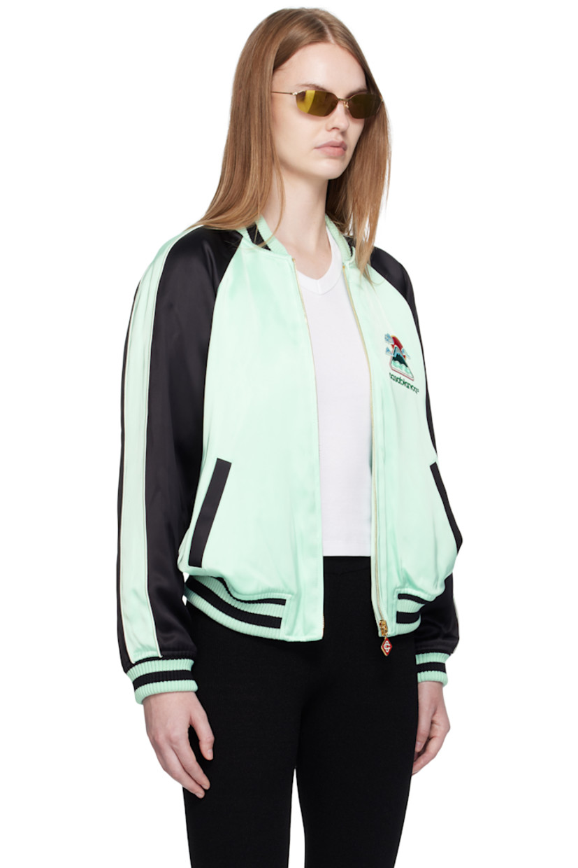 Viscose satin bomber jacket.

· Stripes at rib-knit stand collar, hem, and cuffs
· Zip closure
· Embroidered logo graphic at chest and back
· Welt pockets at waist
· Piping and stripe at raglan sleeves
· Fully lined
· Logo-enameled gold-tone hardware

Supplier color: Black