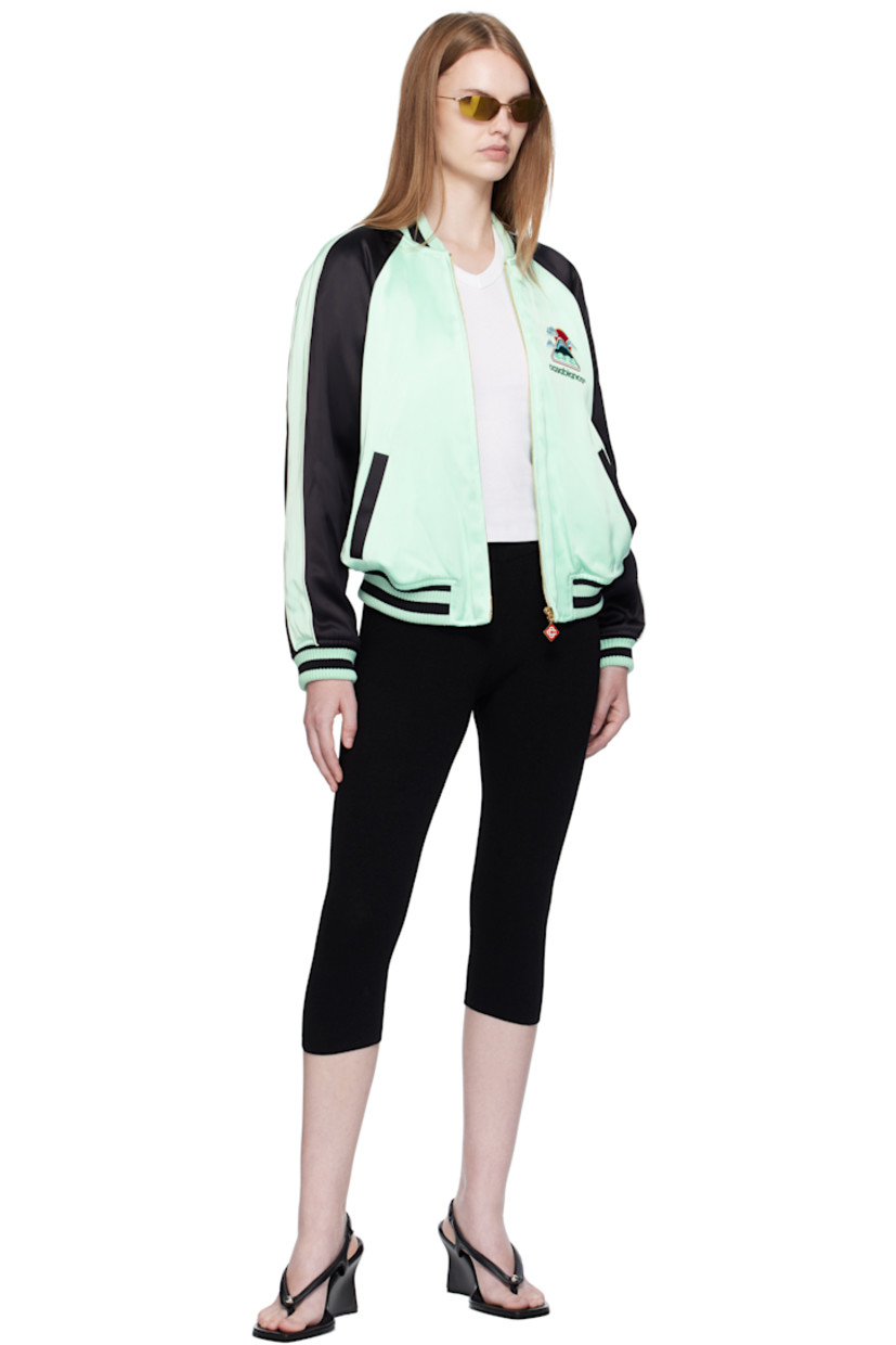 Viscose satin bomber jacket.

· Stripes at rib-knit stand collar, hem, and cuffs
· Zip closure
· Embroidered logo graphic at chest and back
· Welt pockets at waist
· Piping and stripe at raglan sleeves
· Fully lined
· Logo-enameled gold-tone hardware

Supplier color: Black