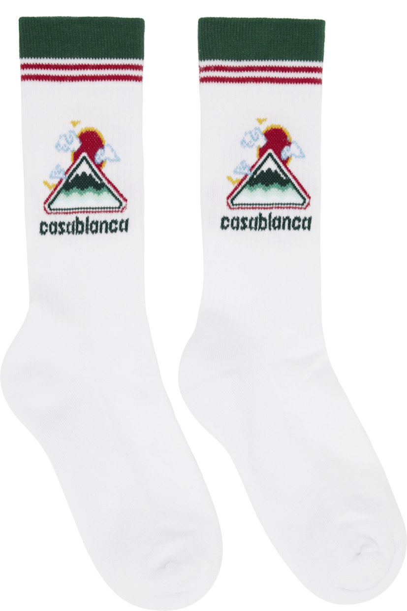Pair of stretch cotton-blend jersey socks. 

· Rib-knit cuffs 
· Jacquard logo, graphic, and stripes at cuffs 

Supplier color: White