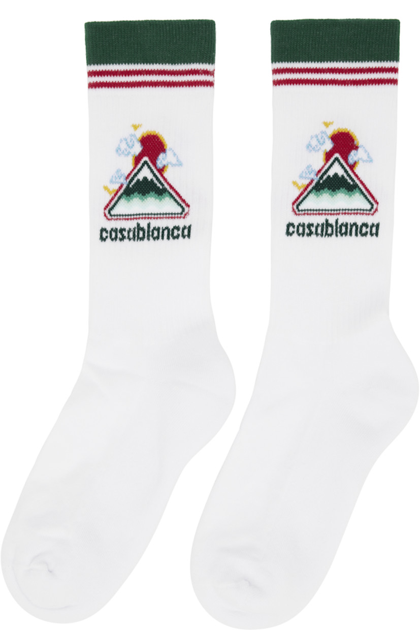 Pair of stretch cotton-blend jersey socks. 

· Rib-knit cuffs 
· Jacquard logo, graphic, and stripes at cuffs 

Supplier color: White